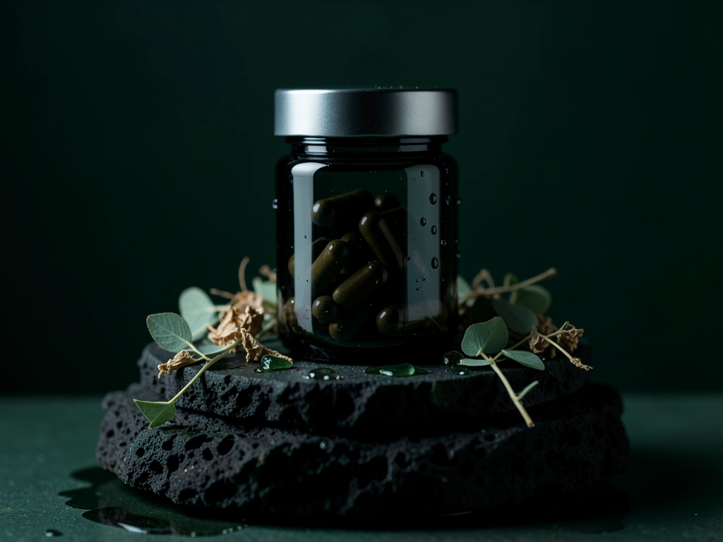 Premium botanical supplement jar on natural stone